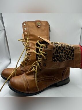 Y2K Wet Seal Vintage Size 6 Brown Fold Over Combat Boots Leopard Print Red Zip